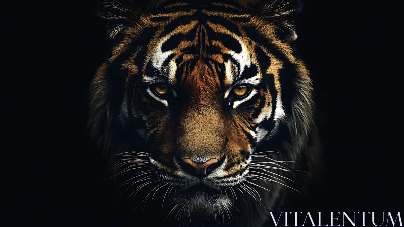 Tiger face centered in dark frame with strong frontal lighting