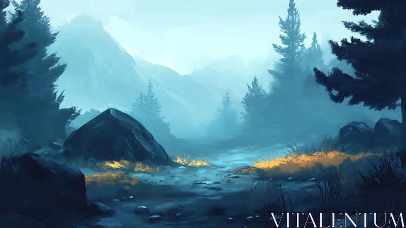 Soft morning light gently brightens a misty forest path