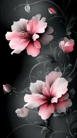 Pink gradient hibiscus with layered petals on darkened botanical composition