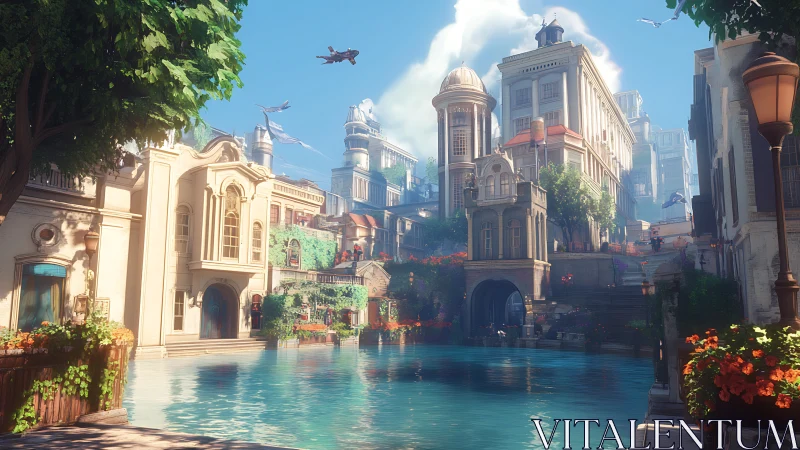 Sunlit canal city blends classic architecture with flying craft