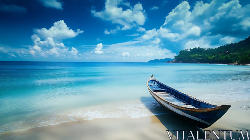 Lonely blue boat naps where turquoise water kisses sand