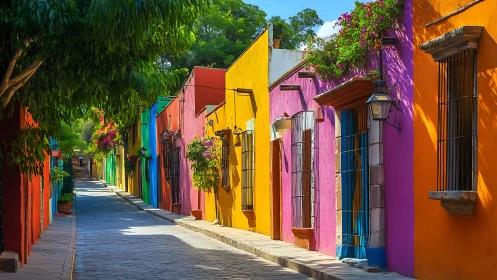 Colorful colonial street with sunlit facades and flowers.