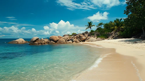 Tropical Coastal Landscape with Granite Boulders, Turquoise Shallow Waters