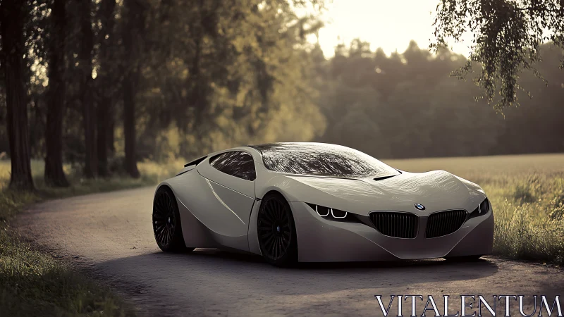 Futuristic BMW concept car glides along a sunlit country road.