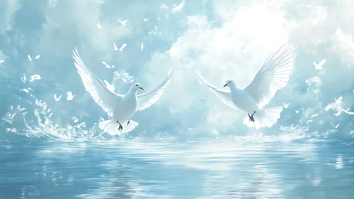 Graceful White Doves Dancing Above Serene Waters.