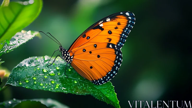 Gentle orange butterfly rests quietly on a fresh green leaf