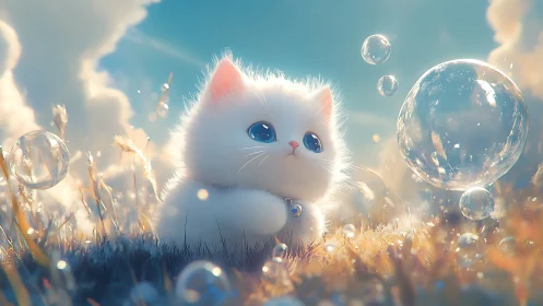 Ethereal White Kitten Among Soap Bubbles.