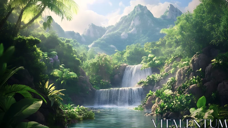 Sunlit jungle waterfall pool under misty emerald peaks.