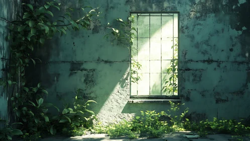 Abandoned teal plaster wall with sunlit steel-framed window