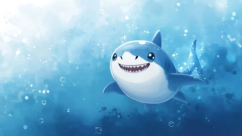 Cartoon baby shark swims forward in bright blue water