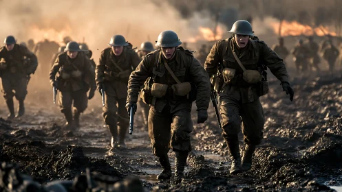 Soldiers push forward through firelit mud and thick smoke.