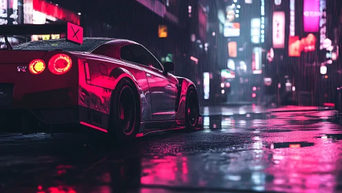 Neon-illuminated GT-R in rain-soaked cyber-urban corridor.