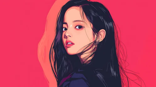 Bold digital portrait of young woman on vivid pink wall