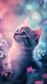 Ethereal White Kitten Gazing Upward in Dreamy Floral Garden