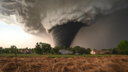 Colossal tornado descending over quiet suburban homescape.