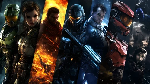 Cinematic sci-fi squadron montage in dynamic diagonal panels.