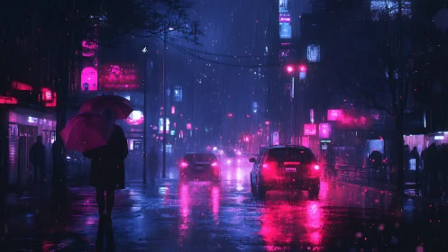 Neon reflections color a rainy cyberpunk city street at night.