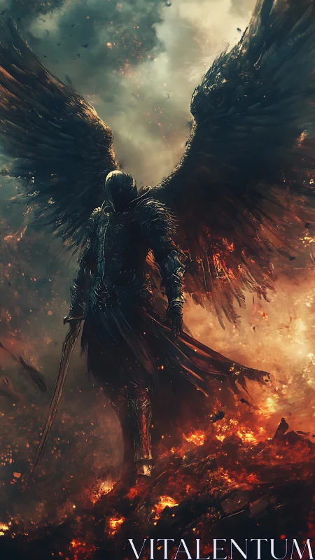 Armored dark angel with sword above burning volcanic ground.