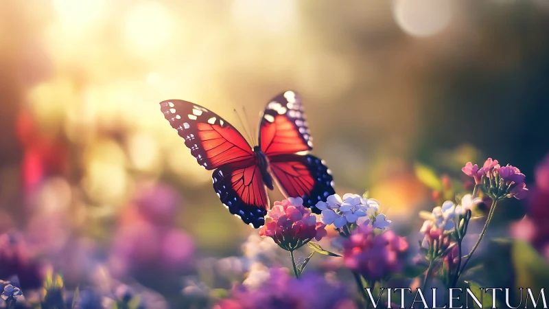 Vivid orange butterfly rests on wildflowers at golden hour