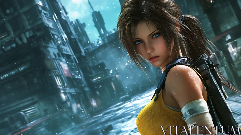 Cyber heroine in rain-soaked neon industrial streetscape.