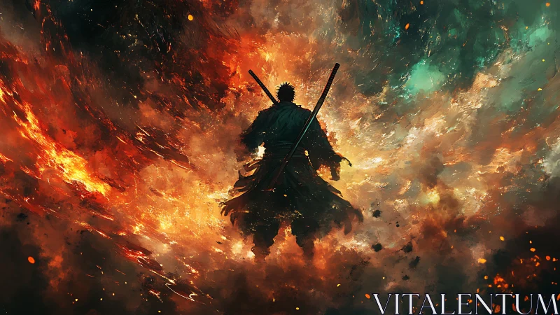 Silhouetted warrior figure amid dense fiery energy field.