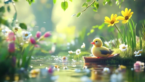 Micro-environmental creek scene with stylized duckling vessel.