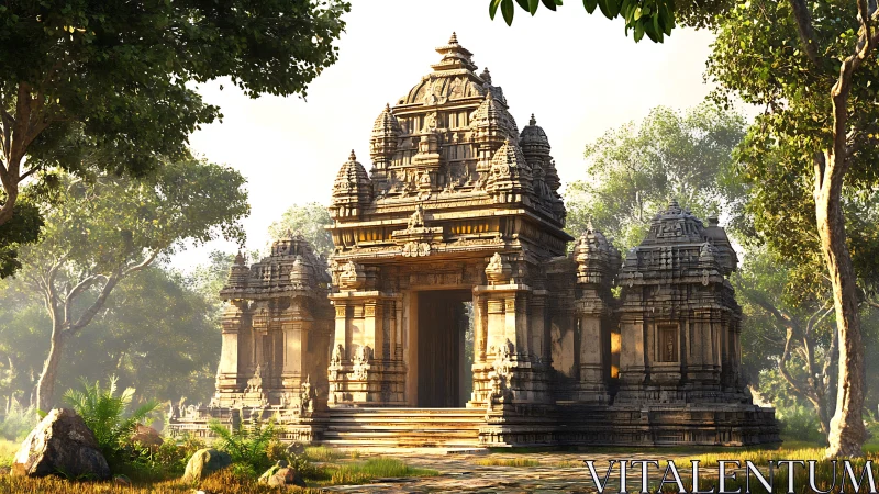 Ancient stone temple glows in lush forest sunrise light.