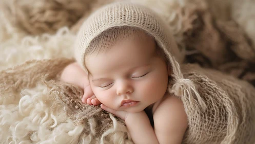 Sleeping newborn in cream knit hat and textured wraps.