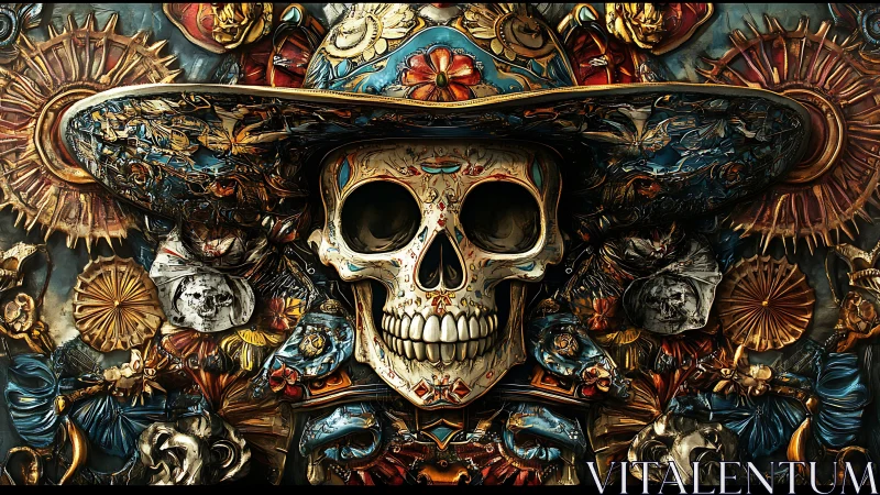 Ornate sugar skull in sombrero celebrates vivid afterlife