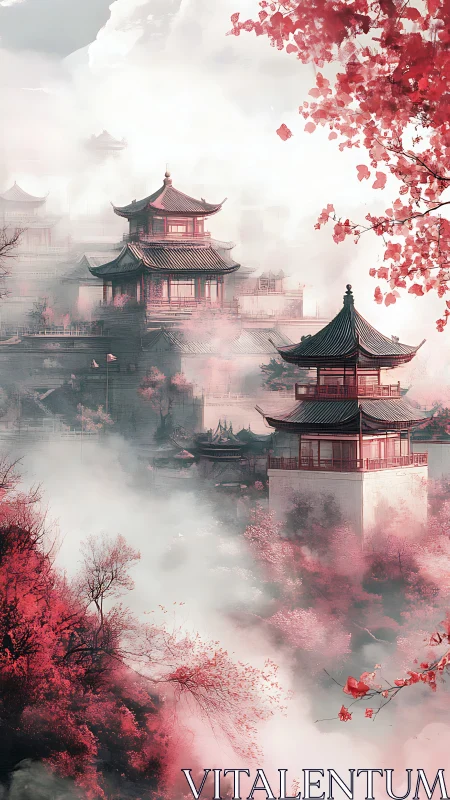 Tiered pagoda complex emerges through diffuse mountain mist