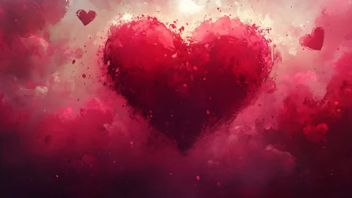 Luminous heart floating in vibrant pink clouds