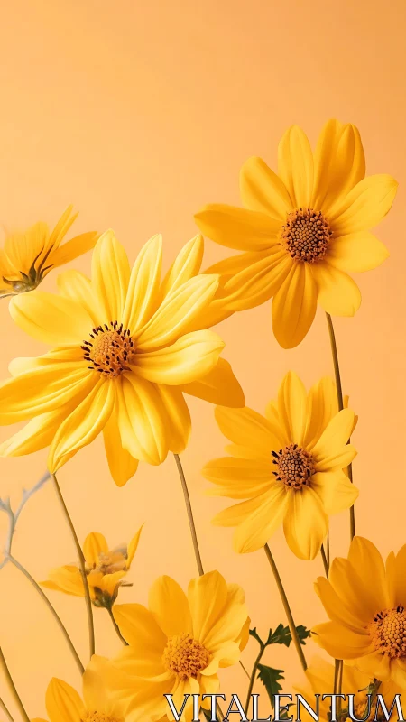 Yellow Daisies Blooming Against Warm Apricot Background