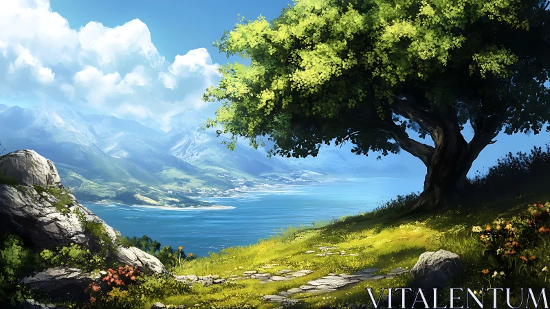 Sunlit coastal hillside tree overlooks expansive azure bay