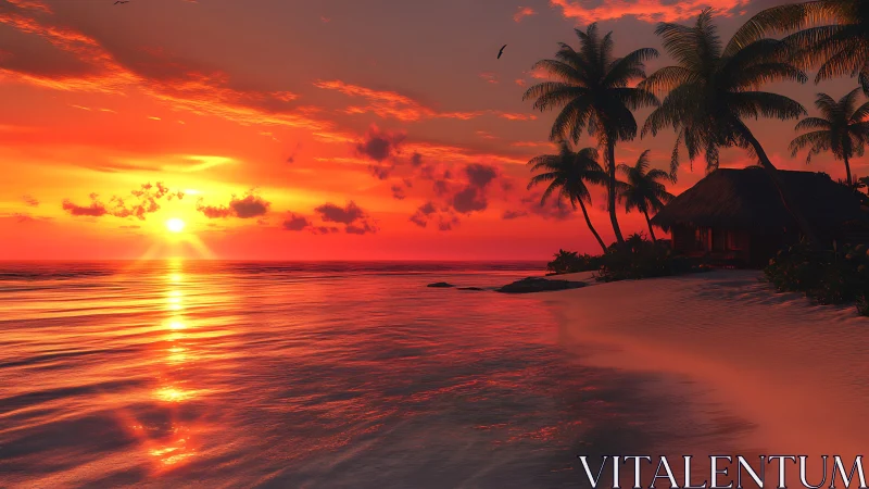 Digital coastal render shows sunset over palm-lined shoreline