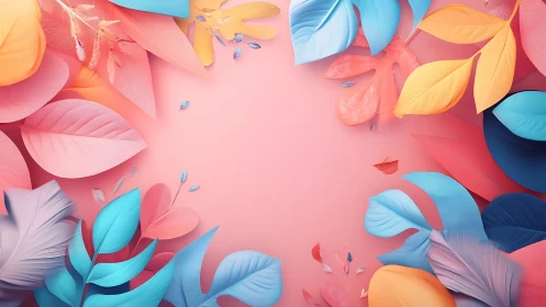 Pastel tropical leaves frame soft coral backdrop beautifully.