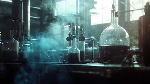 Industrial laboratory glass reactors in cinematic steam glow.