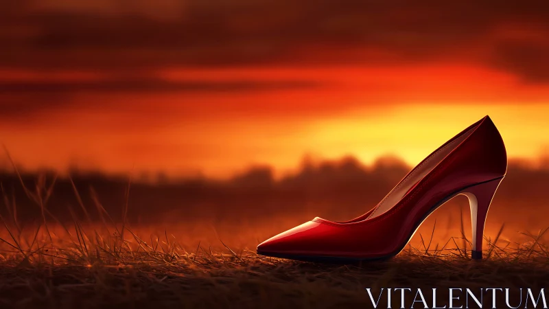Red high-heeled shoe is positioned on grass at sunset