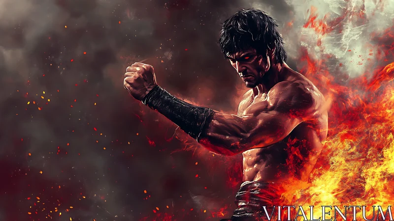 Flaming martial artist channels power amid swirling embers