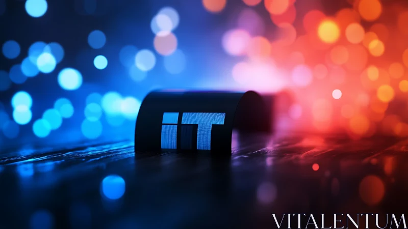 IT logo monolith under dual-tone neon bokeh lighting effect.