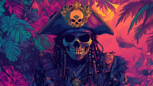 Neon dread pirate skeleton rules a tropic twilight abyss.