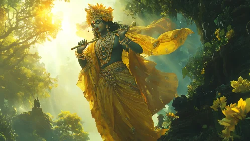 Celestial flute dancer pours sunlight into the forest air