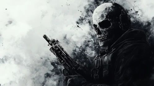 Ghostly tactical shooter amid swirling monochrome smoke.