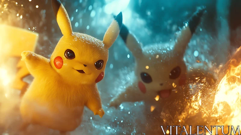 3D render of Pikachu figures amid water and fire effects.