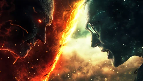 Opposing humanoid profiles divided by fiery energy barrier.