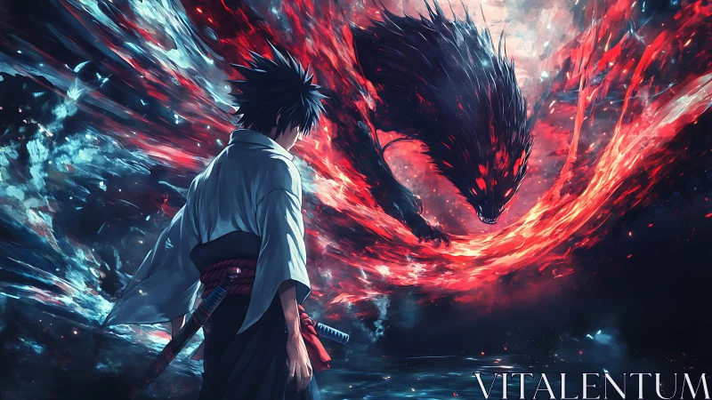 Samurai duelist confronts fiery astral beast in vortex.