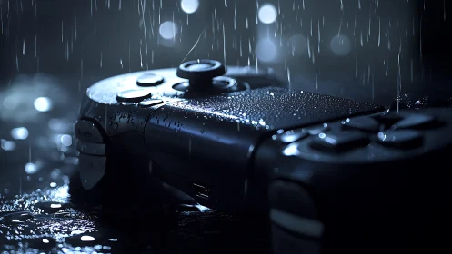 Gaming controller rests in cinematic neon rainstorm scene.