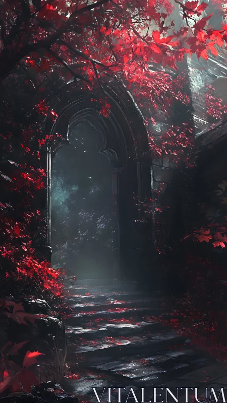 Stone arch passage with red foliage and shaded stairway.