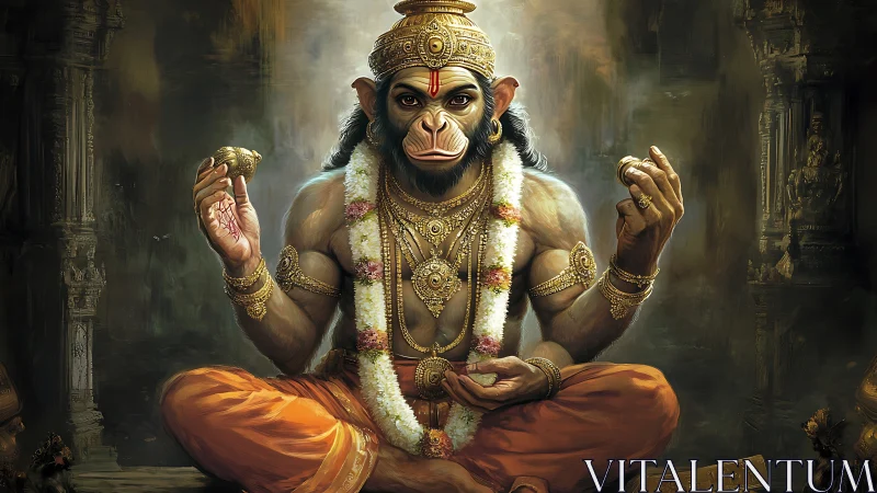 Serene monkey deity meditates in a golden temple glow