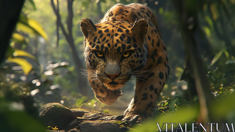 Jaguar specimen in natural jungle environment with filtered light