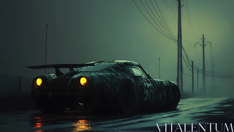 Racing car on wet road in foggy industrial landscape.